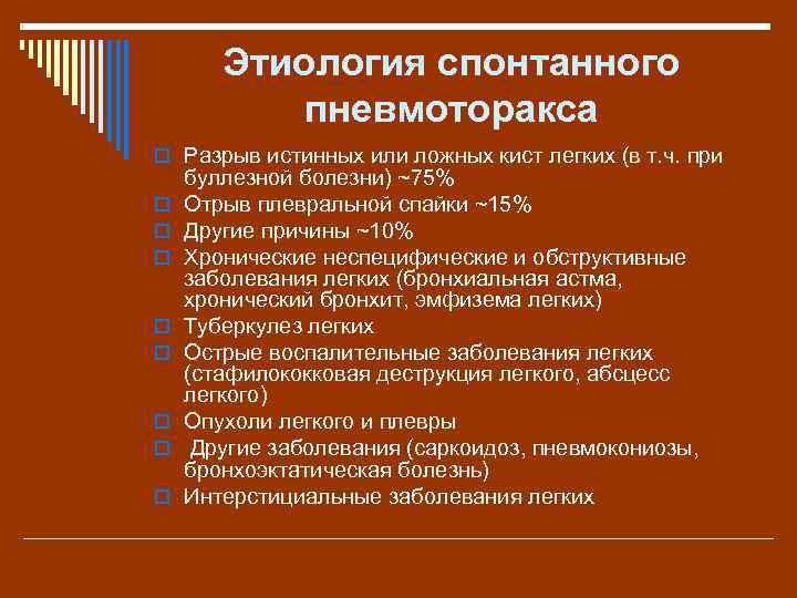 Этиология спонтанного пневмоторакса o Разрыв истинных или ложных кист легких (в т. ч. при