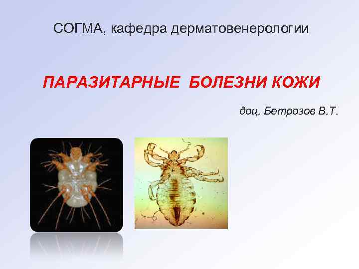 СОГМА, кафедра дерматовенерологии ПАРАЗИТАРНЫЕ БОЛЕЗНИ КОЖИ доц. Бетрозов В. Т. 