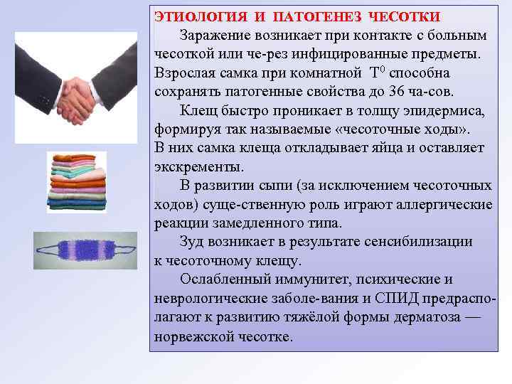 ЭТИОЛОГИЯ И ПАТОГЕНЕЗ ЧЕСОТКИ Заражение возникает при контакте с больным чесоткой или че рез
