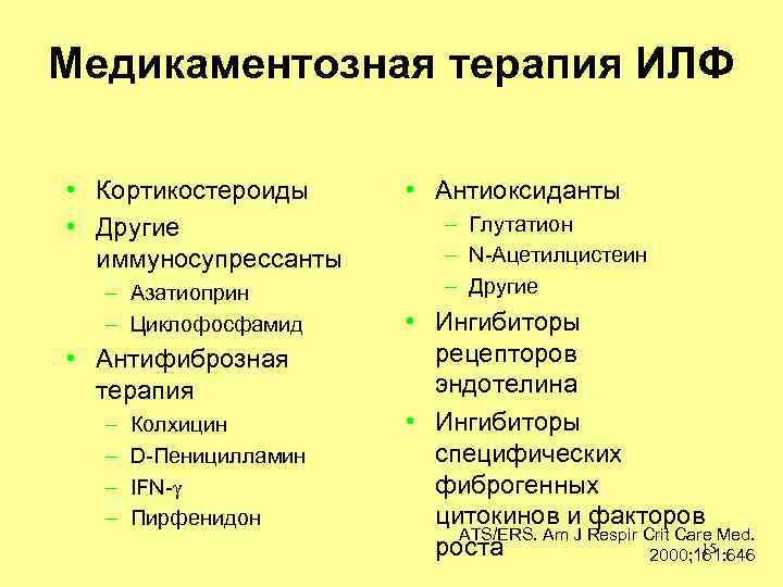 Медикаментозная терапия ИЛФ • Кортикостероиды • Другие иммуносупрессанты – Азатиоприн – Циклофосфамид • Антифиброзная