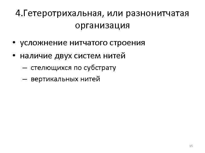 4. Гетеротрихальная, или разнонитчатая организация • усложнение нитчатого строения • наличие двух систем нитей