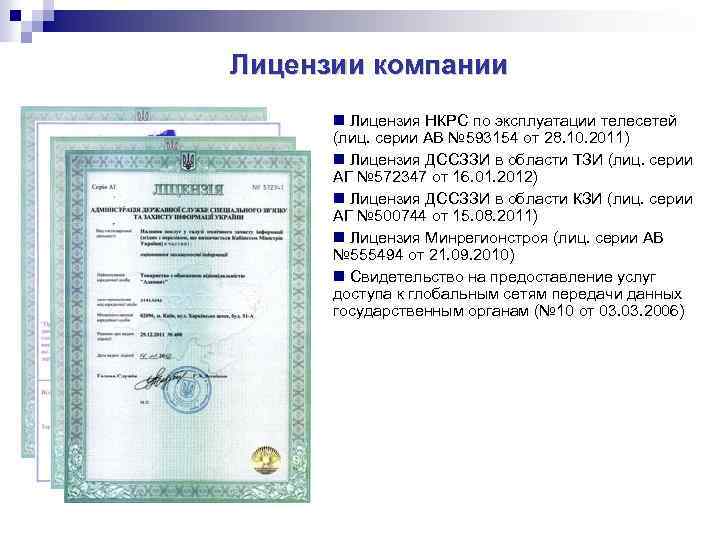 Лицензии компании Лицензия НКРС по эксплуатации телесетей (лиц. серии АВ № 593154 от 28.