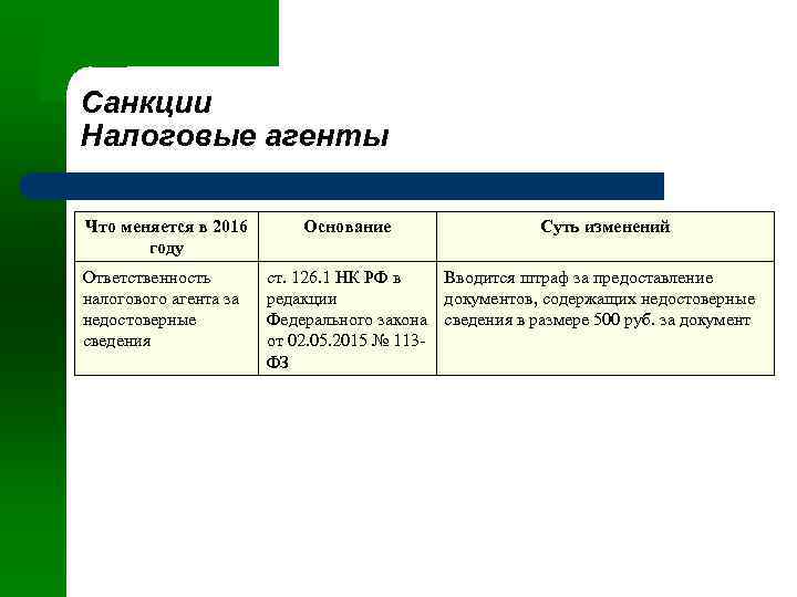 Санкции Налоговые агенты Что меняется в 2016 году Ответственность налогового агента за недостоверные сведения