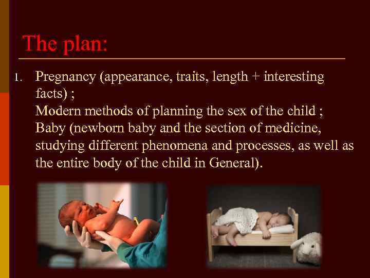 The plan: 1. Pregnancy (appearance, traits, length + interesting facts) ; Modern methods of