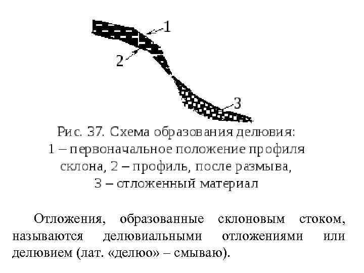 Отложения, образованные склоновым стоком, называются делювиальными отложениями или делювием (лат. «делюо» – смываю). 