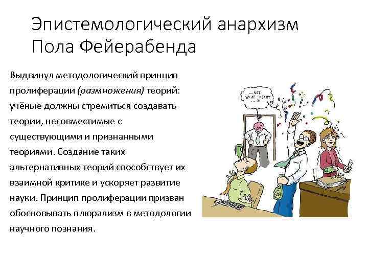 Эпистемологический анархизм Пола Фейерабенда Выдвинул методологический принцип пролиферации (размножения) теорий: учёные должны стремиться создавать