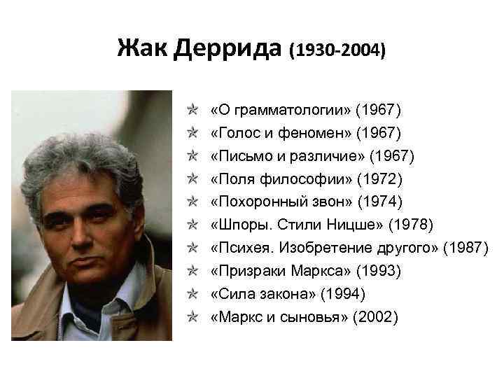 Жак Деррида (1930 -2004) «О грамматологии» (1967) «Голос и феномен» (1967) «Письмо и различие»