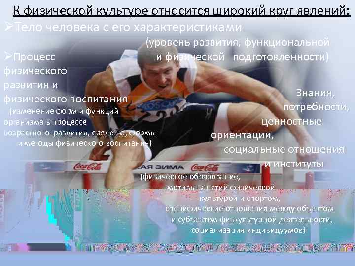 К физической культуре относится широкий круг явлений: Тело человека с его характеристиками Процесс физического