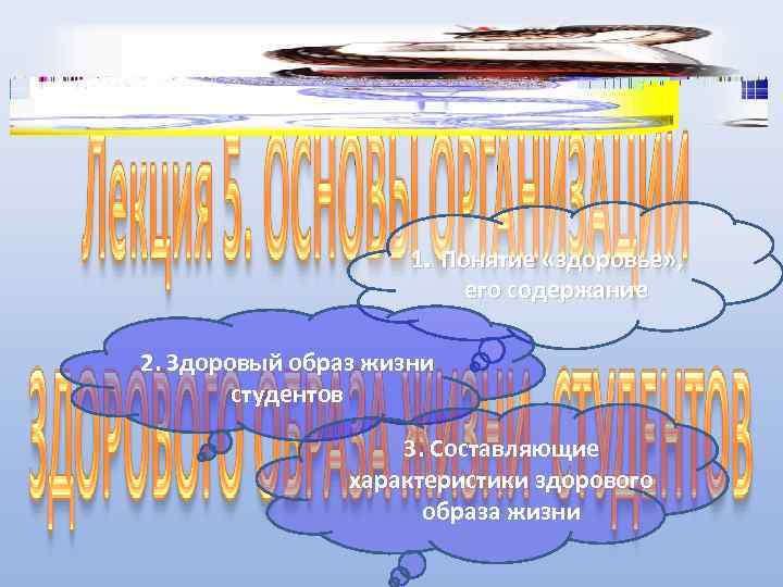 1. Понятие «здоровье» , его содержание 2. Здоровый образ жизни студентов 3. Составляющие характеристики