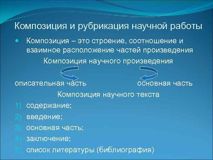 Композиция и рубрикация научной работы Композиция – это строение, соотношение и взаимное расположение частей