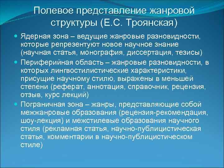 Полевое представление жанровой структуры (Е. С. Троянская) Ядерная зона – ведущие жанровые разновидности, которые
