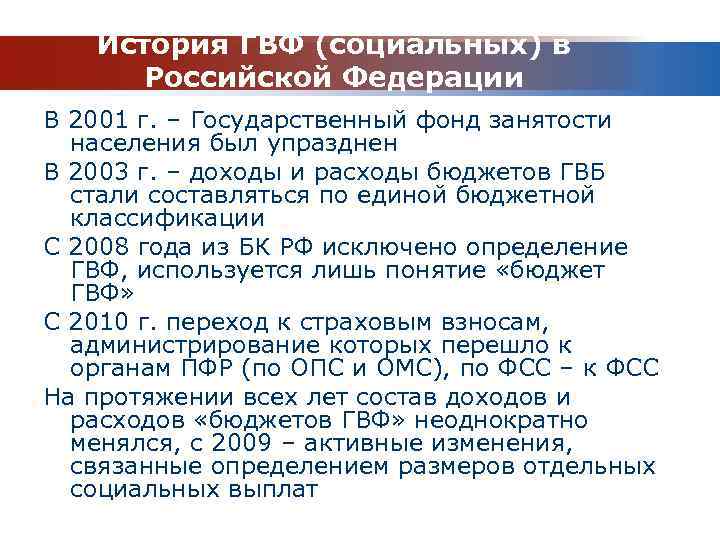 История ГВФ (социальных) в Российской Федерации В 2001 г. – Государственный фонд занятости населения