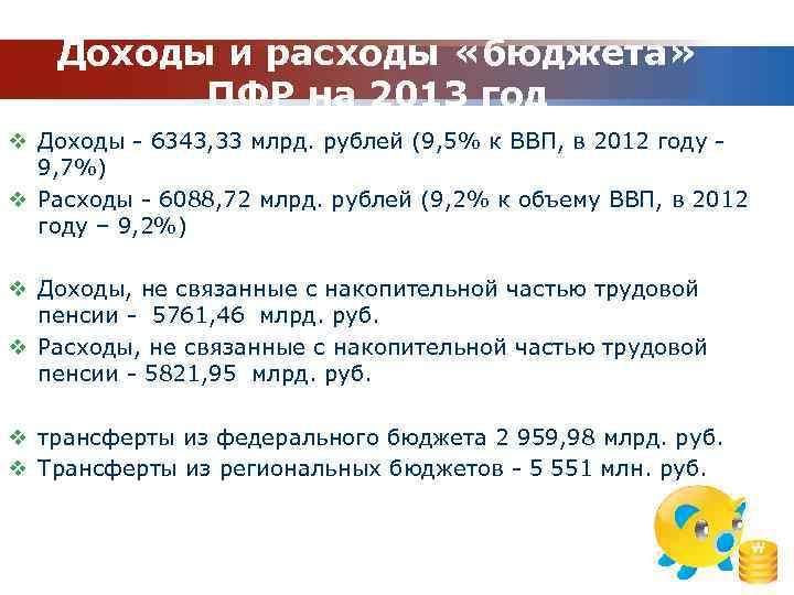 Доходы и расходы «бюджета» ПФР на 2013 год v Доходы - 6343, 33 млрд.