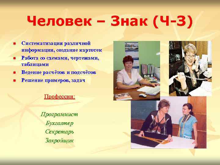 Человек – Знак (Ч-З) n n Систематизация различной информации, создание картотек Работа со схемами,
