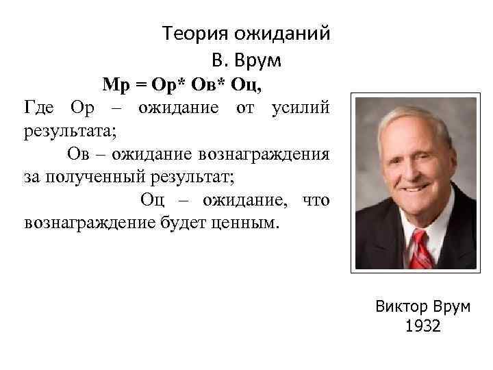 Теория ожиданий В. Врум Мр = Ор* Ов* Оц, Где Ор – ожидание от