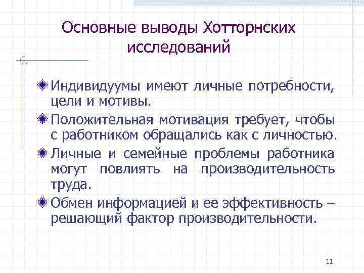 Основные выводы Хотторнских исследований Индивидуумы имеют личные потребности, цели и мотивы. Положительная мотивация требует,