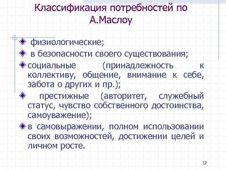 Классификация потребностей по А. Маслоу физиологические; в безопасности своего существования; социальные (принадлежность к коллективу,