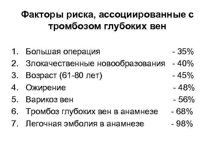 Факторы риска, ассоциированные с тромбозом глубоких вен 1. 2. 3. 4. 5. 6. 7.