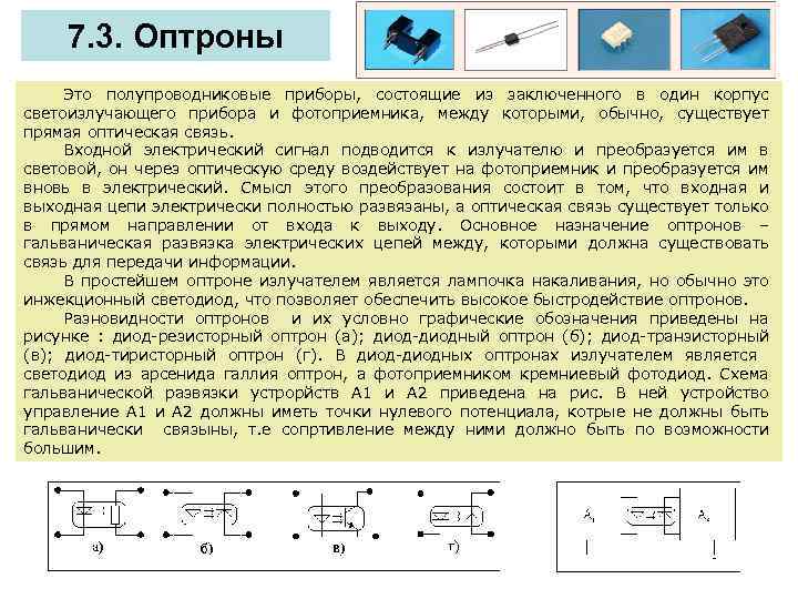 7. 3. Оптроны Это полупроводниковые приборы, состоящие из заключенного в один корпус светоизлучающего прибора