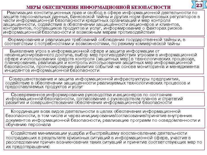 23 МЕРЫ ОБЕСПЕЧЕНИЯ ИНФОРМАЦИОННОЙ БЕЗОПАСНОСТИ Реализация конституционных прав и свобод в сфере информационной деятельности