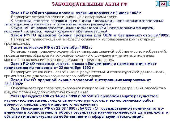 ЗАКОНОДАТЕЛЬНЫЕ АКТЫ РФ 24 Закон РФ «Об авторском праве и смежных правах» от 9