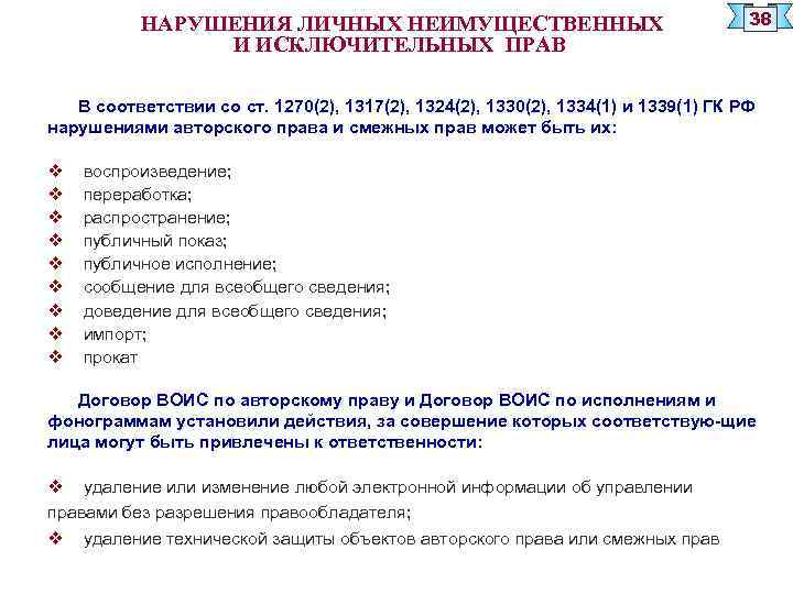 НАРУШЕНИЯ ЛИЧНЫХ НЕИМУЩЕСТВЕННЫХ И ИСКЛЮЧИТЕЛЬНЫХ ПРАВ 38 В соответствии со ст. 1270(2), 1317(2), 1324(2),