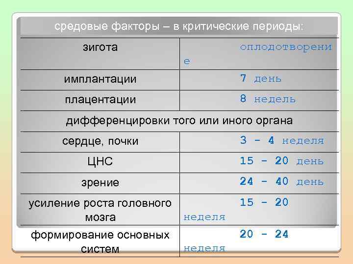 средовые факторы – в критические периоды: оплодотворени зигота е имплантации 7 день плацентации 8