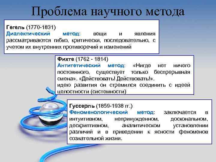 Проблема научного метода Гегель (1770 -1831) Диалектический метод: вещи и явления рассматриваются гибко, критически,