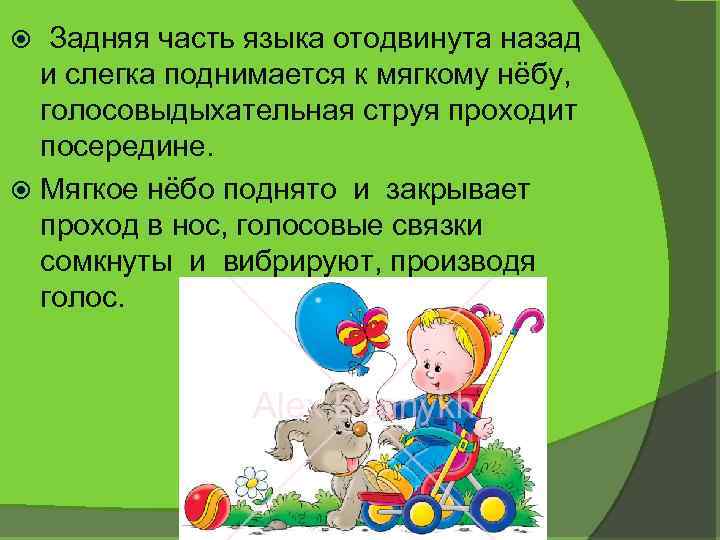  Задняя часть языка отодвинута назад и слегка поднимается к мягкому нёбу, голосовыдыхательная струя