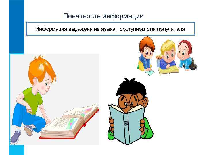 Понятность информации Информация выражена на языке, доступном для получателя 