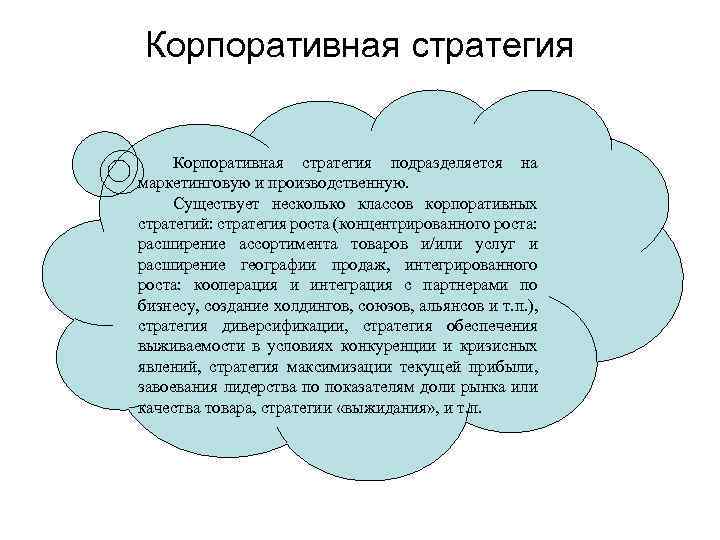 Корпоративная стратегия подразделяется на маркетинговую и производственную. Существует несколько классов корпоративных стратегий: стратегия роста