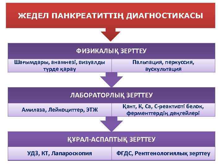 ЖЕДЕЛ ПАНКРЕАТИТТІҢ ДИАГНОСТИКАСЫ ФИЗИКАЛЫҚ ЗЕРТТЕУ Шағымдары, анамнезі, визуалды түрде қарау Пальпация, перкуссия, аускультация ЛАБОРАТОРЛЫҚ