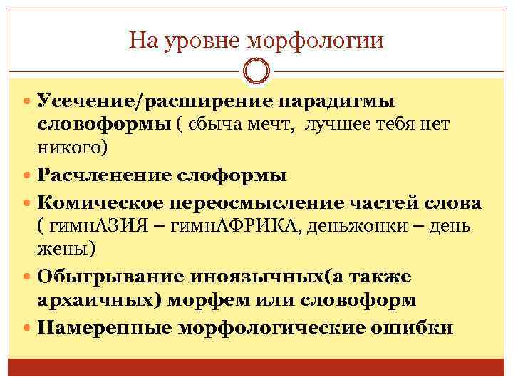На уровне морфологии Усечение/расширение парадигмы словоформы ( сбыча мечт, лучшее тебя нет никого) Расчленение