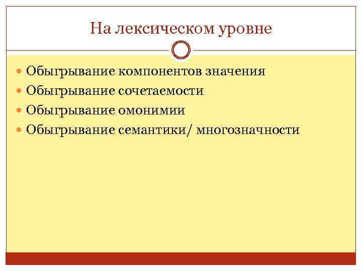 На лексическом уровне Обыгрывание компонентов значения Обыгрывание сочетаемости Обыгрывание омонимии Обыгрывание семантики/ многозначности 