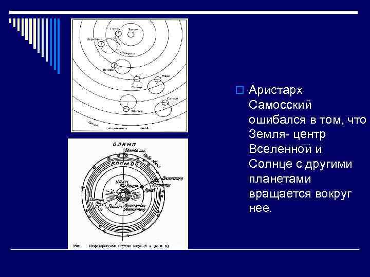 o Аристарх Самосский ошибался в том, что Земля- центр Вселенной и Солнце с другими