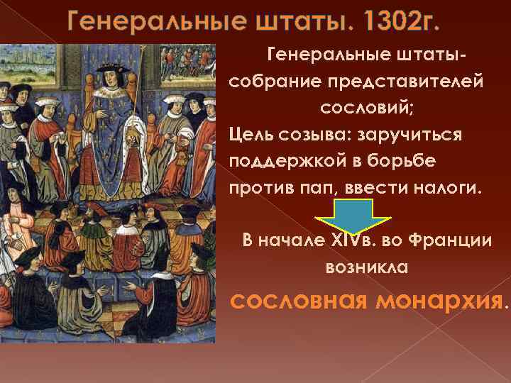 Генеральные штаты. 1302 г. Генеральные штатысобрание представителей сословий; Цель созыва: заручиться поддержкой в борьбе