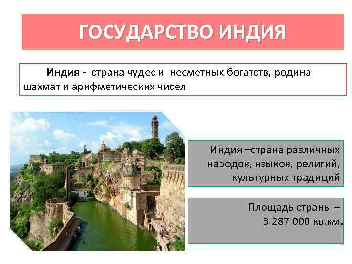 ГОСУДАРСТВО ИНДИЯ Индия - страна чудес и несметных богатств, родина шахмат и арифметических чисел