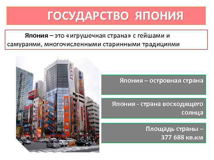 ГОСУДАРСТВО ЯПОНИЯ Япония – это «игрушечная страна» с гейшами и самураями, многочисленными старинными традициями