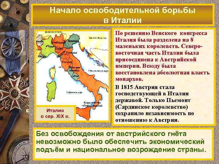 Начало освободительной борьбы в Италии Италия в сер. XIX в. По решению Венского конгресса