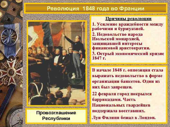 Революция 1848 года во Франции Причины революции 1. Усиление враждебности между рабочими и буржуазией.