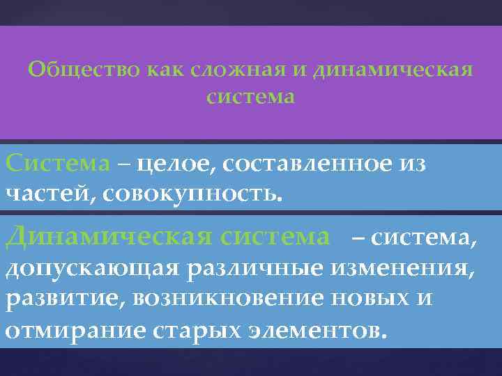 Общество как сложная и динамическая система Система – целое, составленное из частей, совокупность. Динамическая