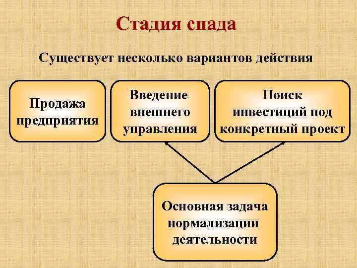 Стадия спада Существует несколько вариантов действия Продажа предприятия Введение внешнего управления Поиск инвестиций под