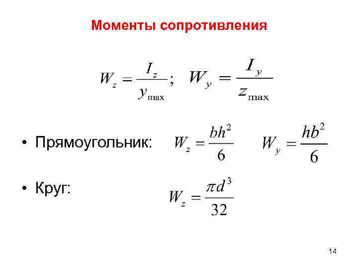 Моменты сопротивления • Прямоугольник: • Круг: 14 