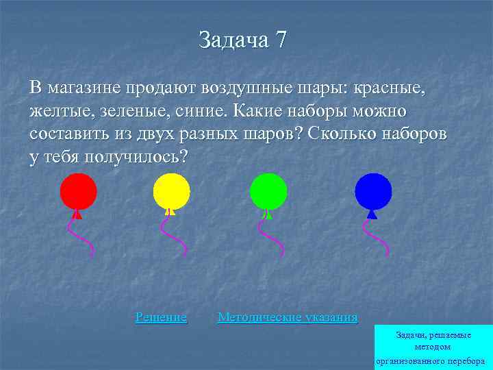 Задача 7 В магазине продают воздушные шары: красные, желтые, зеленые, синие. Какие наборы можно