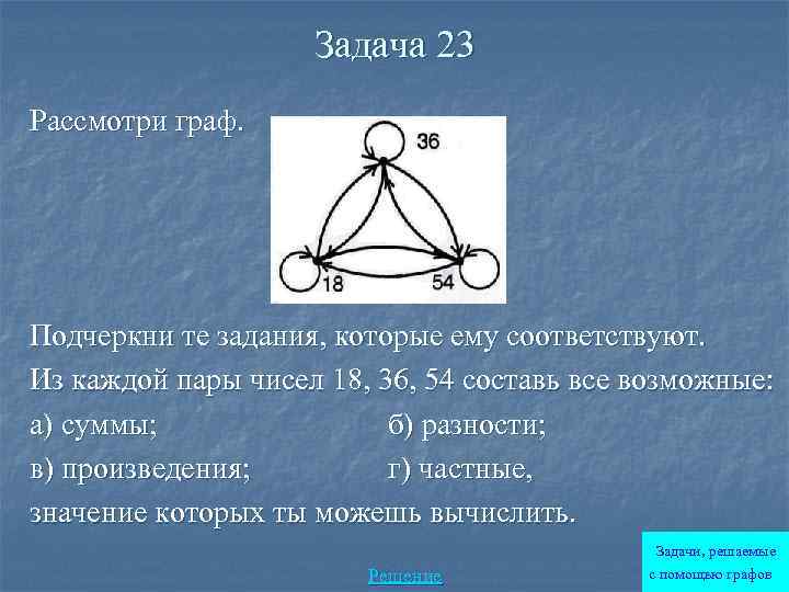 Задача 23 Рассмотри граф. Подчеркни те задания, которые ему соответствуют. Из каждой пары чисел