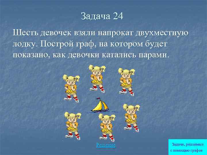 Задача 24 Шесть девочек взяли напрокат двухместную лодку. Построй граф, на котором будет показано,