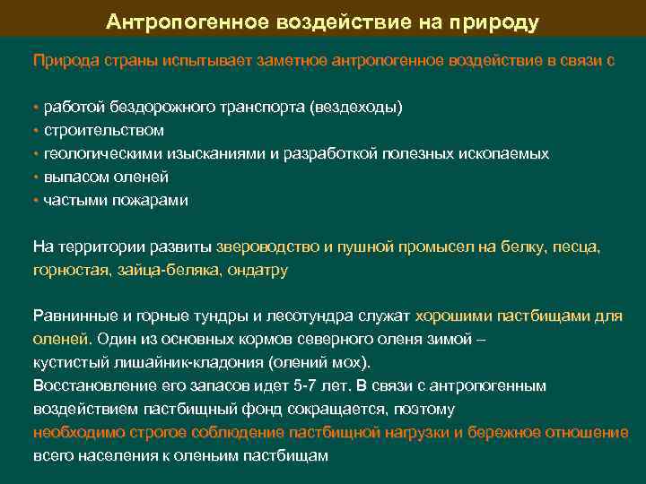 Антропогенное воздействие на природу Природа страны испытывает заметное антропогенное воздействие в связи с •
