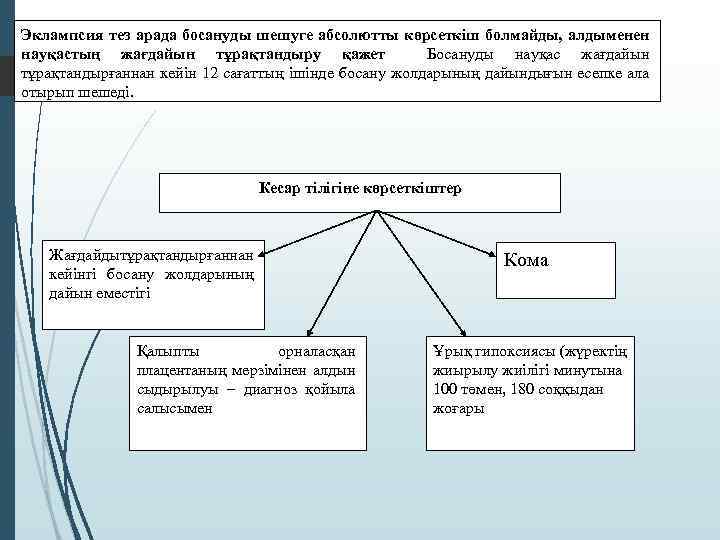 Эклампсия тез арада босануды шешуге абсолютты көрсеткіш болмайды, алдыменен науқастың жағдайын тұрақтандыру қажет Босануды