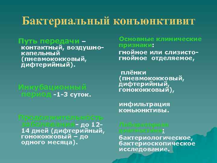 Бактериальный конъюнктивит Путь передачи – контактный, воздушнокапельный (пневмококковый, дифтерийный). Инкубационный период -1 -3 суток.