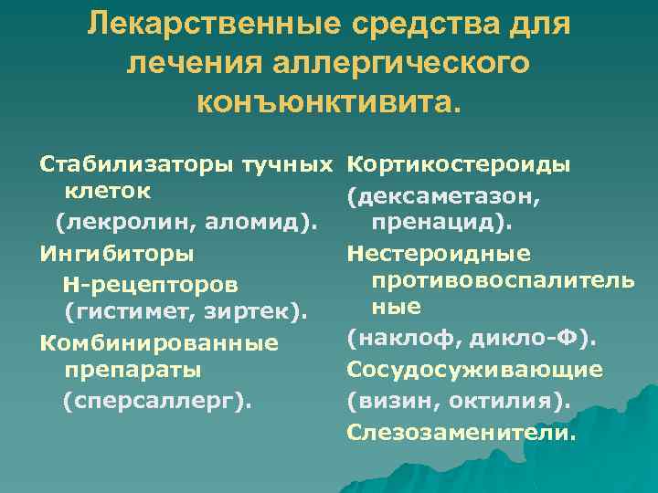 Лекарственные средства для лечения аллергического конъюнктивита. Стабилизаторы тучных клеток (лекролин, аломид). Ингибиторы Н-рецепторов (гистимет,